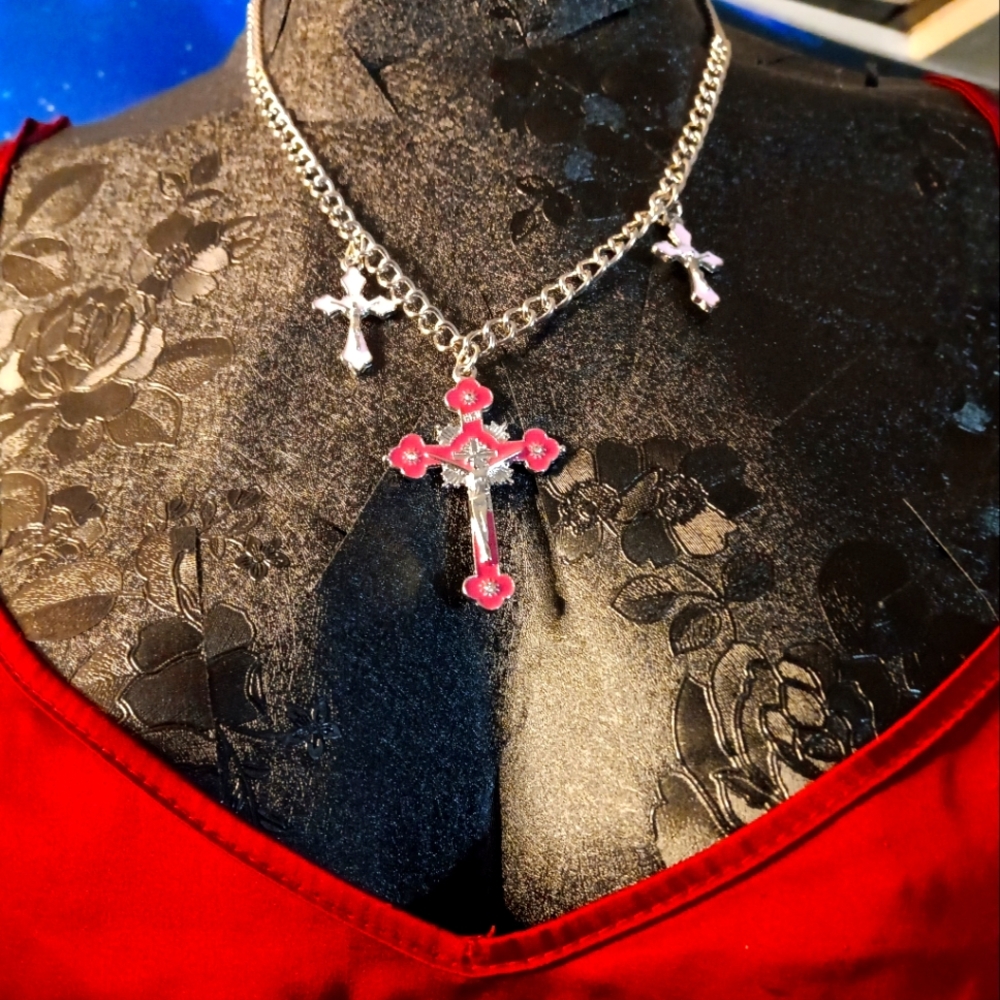 Triple Cross Gothic Necklace -Salvaged Relic, Pink Enamel Crucifix